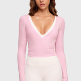Women's V-Neck Cross Ballet Wrap Top Milk Pink