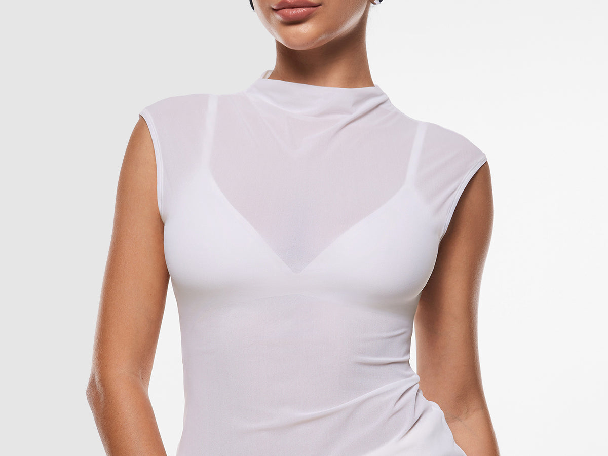 INLYRIC Cosnufy® Sheer Mesh Mock Neck Tank Top Snow White