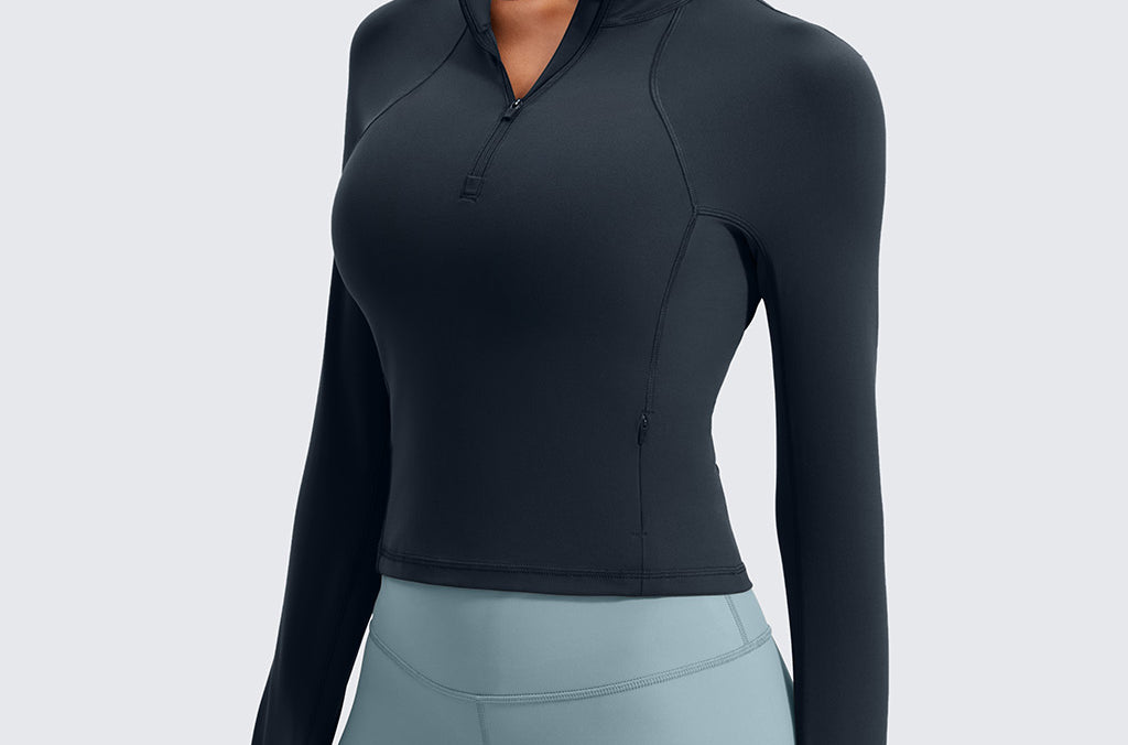 CRZ YOGA Women's Half Zip Long Sleeve Cropped Top True Navy